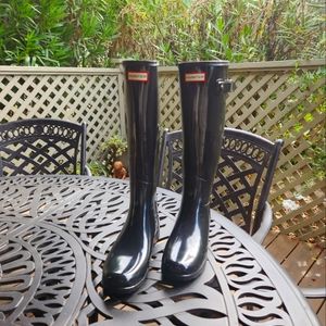 Hunter Original Shiny Gloss Refined Tall Rain Boots Black
